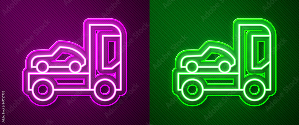 Glowing neon line Car transporter truck for transportation of car icon isolated on purple and green background.  Vector Illustration