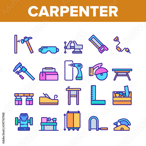 Carpenter Equipment Collection Icons Set Vector. Protect Glasses And Saw, Drill And Hammer, Working Table, Vise And Box With Carpenter Tool Concept Linear Pictograms. Color Illustrations