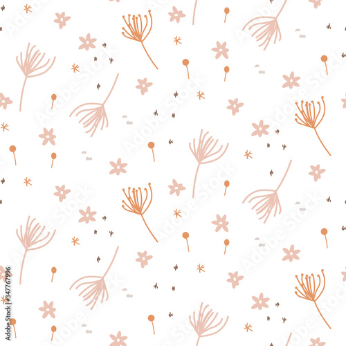 Handdrawn seamless tiny floral pattern. Light pastel small flowers white background.