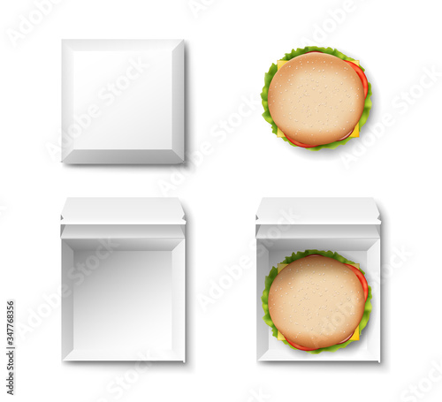 Set of Realistic Empty Package Box and with burger top View isolated. Fast Food hamburger mockup. White Container with burger. Vector