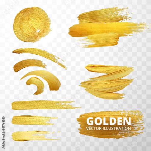 Vector golden paint strokes, stain set. Abstract golden sparkling textured art illustration. Vector photo