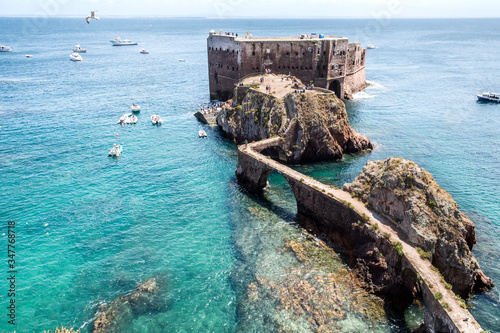 View of the north and western facades of the Fort, showing the arched bridge that provides access to the grounds berlengas island