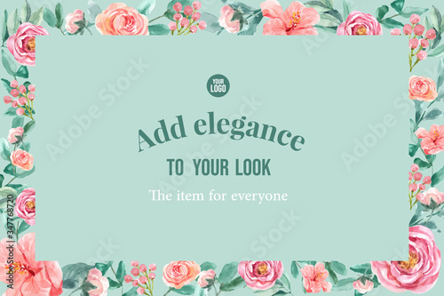 Floral charming frame design with peony, rowanberry, leaves watercolor illustration.