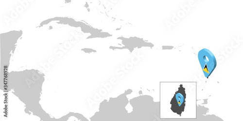 Location Map Saint Lucia on map Central America. 3d St Lucia flag map marker location pin for your web site design, UI. Antilles.  UK. Central America.  EPS10.