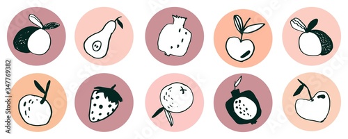 Fruits icons set for highlights Instagram of cover history, social media. Round icons. Ideal for bloggers.Vector stickers doodle style isolated