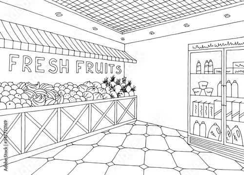Grocery interior store shop black white graphic sketch illustration vector