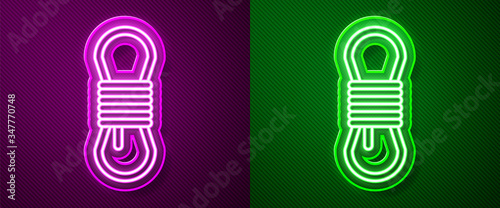 Glowing neon line Climber rope icon isolated on purple and green background. Extreme sport. Sport equipment.  Vector Illustration