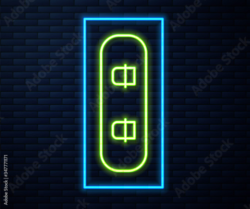 Glowing neon line Snowboard icon isolated on brick wall background. Snowboarding board icon. Extreme sport. Sport equipment. Vector Illustration