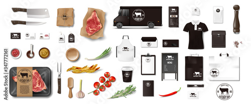 Variety of food in the butcher shop. Restaurant Brand Identity mockup set isolated. Branding packaging elements for meat shop, cafe or steak house. supermarket food in pack. Vector
