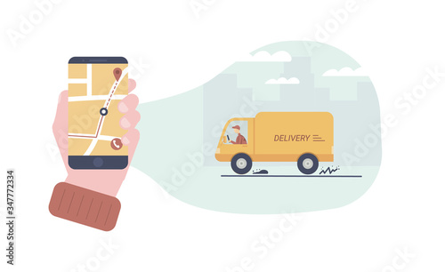Food delivery service parcel shipping by courier. Hand holding mobile application tracking a delivery man by car truck. City skyline in background. Flat cartoon illustration for app online shopping.