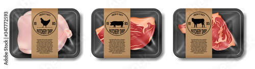 Relistic meat packaging of beef, pork and chicken. Set of supermarket meat package isolated on white. Beef and pork steak. vector illustration