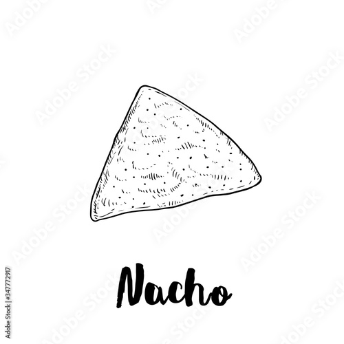 Hand drawn sketch style single nacho. Traditional Mexican food. Corn chips. Retro styel. Element for menu designs. Vector illustration isolated on white background.