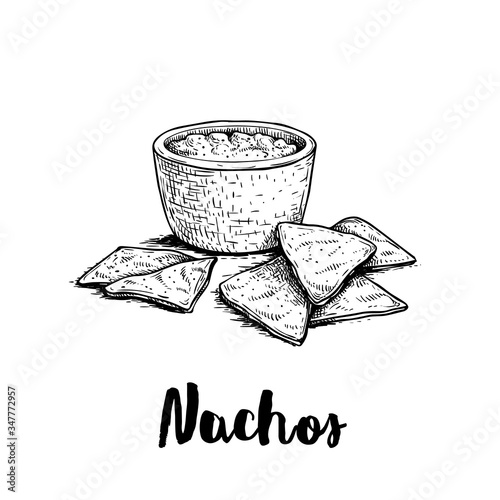 Hand drawn sketch style nachos with guacamole sauce. Traditional Mexican food. Corn chips. Retro style. Element for Mexican restaurant menu designs. Vector illustration isolated on white background.