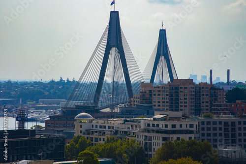 Canvas Print A traffic jam at Anzac bridge in Sydney high angle medium shot