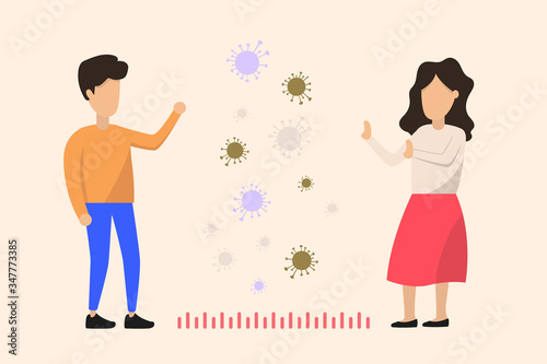 Social distancing, keep distance with people in public places to stop spreading COVID-19 coronavirus concept. Man and woman. A woman and a man stand apart from each other with virus cells between to 