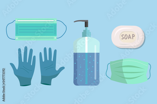 set of disposable protection stuff against coronavirus, gloves, medical mask, hand sanitizer gel,soap. The coronavirus protection trendy COVID-19.Vector stock illustration. PPE. Personal Protect 