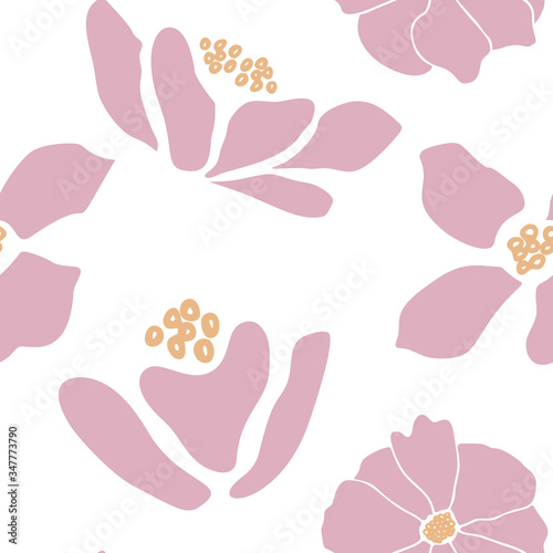 Stylized flowers hand drawn color vector seamless pattern. Abstract poppies or roses with leaves, sketch drawing. Scandinavian style cartoon floral texture. Wrapping paper, textile, background fill 