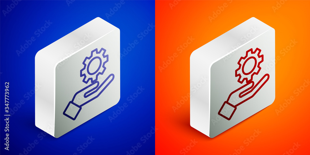 Isometric line Settings in the hand icon isolated on blue and orange background. Silver square button. Vector Illustration
