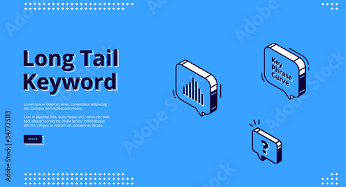Long tail keyword banner with isometric icons on blue background. Vector landing page of SEO optimization service with line art symbols of key phrase analysis and graph