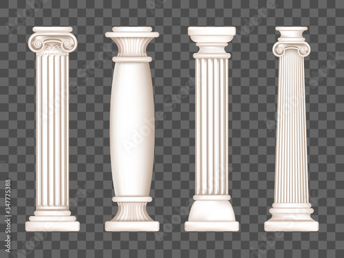 Ancient roman columns, marble architecture decor. Vector realistic antique greek white pillars with capitals in doric, corinthian, ionic and tuscan style isolated on transparent background