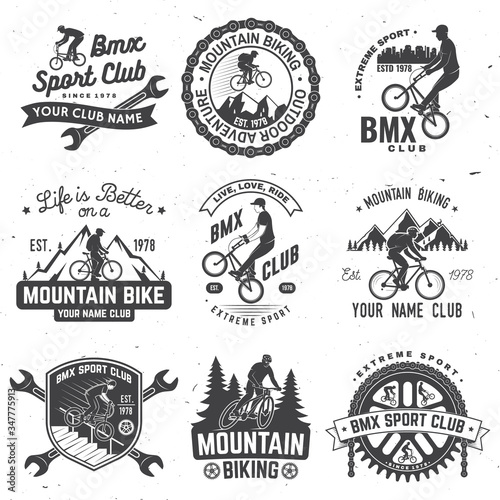 Set of bmx, mtb extreme sport club badge. Vector. Concept for shirt, logo, print, stamp, tee with man ride on a sport bicycle. Vintage typography design with cyclist, sprocket and chain silhouette.