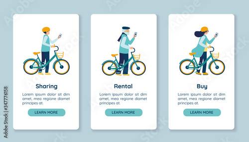 Bicycle rental, share and sale in mobile app page phone onboarding screen. Characters in helmets are holding a bike vehicle. Steps graphic instructions. UX, UI vector flat illustration.