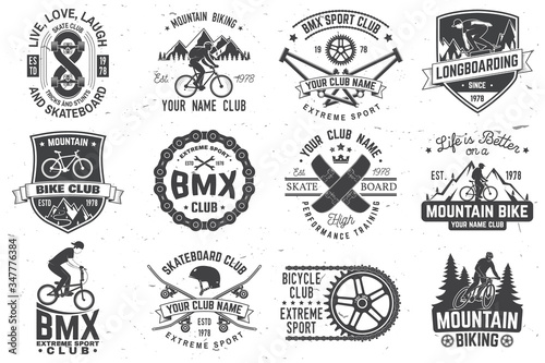 Set of bmx, skateboard and mtb extreme sport club badge. Vector. Concept for shirt, logo, print, stamp, tee with man ride on a sport bicycle, skateboard and bmx. Extreme sport club badge photo