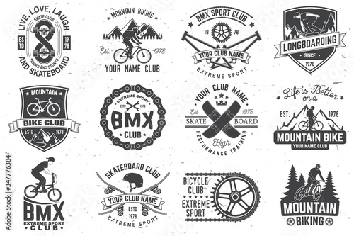 Set of bmx, skateboard and mtb extreme sport club badge. Vector. Concept for shirt, logo, print, stamp, tee with man ride on a sport bicycle, skateboard and bmx. Extreme sport club badge