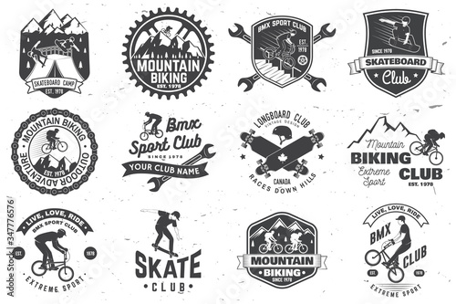 Set of bmx, skateboard and mtb extreme sport club badge. Vector. Concept for shirt, logo, print, stamp, tee with man ride on a sport bicycle, skateboard and bmx. Extreme sport club badge