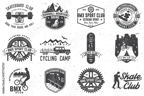 Set of bmx, skateboard and mtb extreme sport club badge. Vector. Concept for shirt, logo, print, stamp, tee with man ride on a sport bicycle, skateboard and bmx. Extreme sport club badge