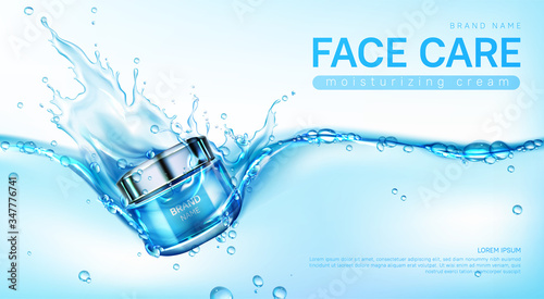 Face cream package in water splash. Vector realistic brand poster with moisturizing skincare gel or makeup cosmetics in glass jar. Promo banner, advertising background