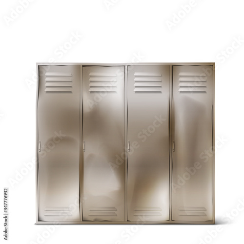 Old steel lockers with dents in school corridor or changing room in gym. Vector realistic rumpled metal cabinets with closed doors in sport or fitness club isolated on white background