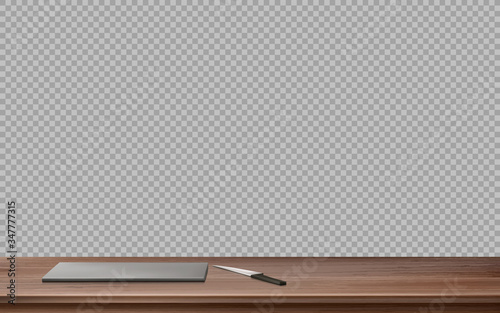 Kitchen wooden table with steel cutting board and knife. Vector realistic illustration of empty clean countertop surface with plank for cut food top view isolated on transparent background