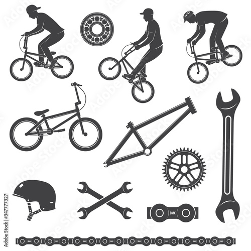 Set of bmx cyclist and bicycle equipment icon. Vector. Set include bmx cyclist performing a trick and equipment silhouette isolated on the white background.
