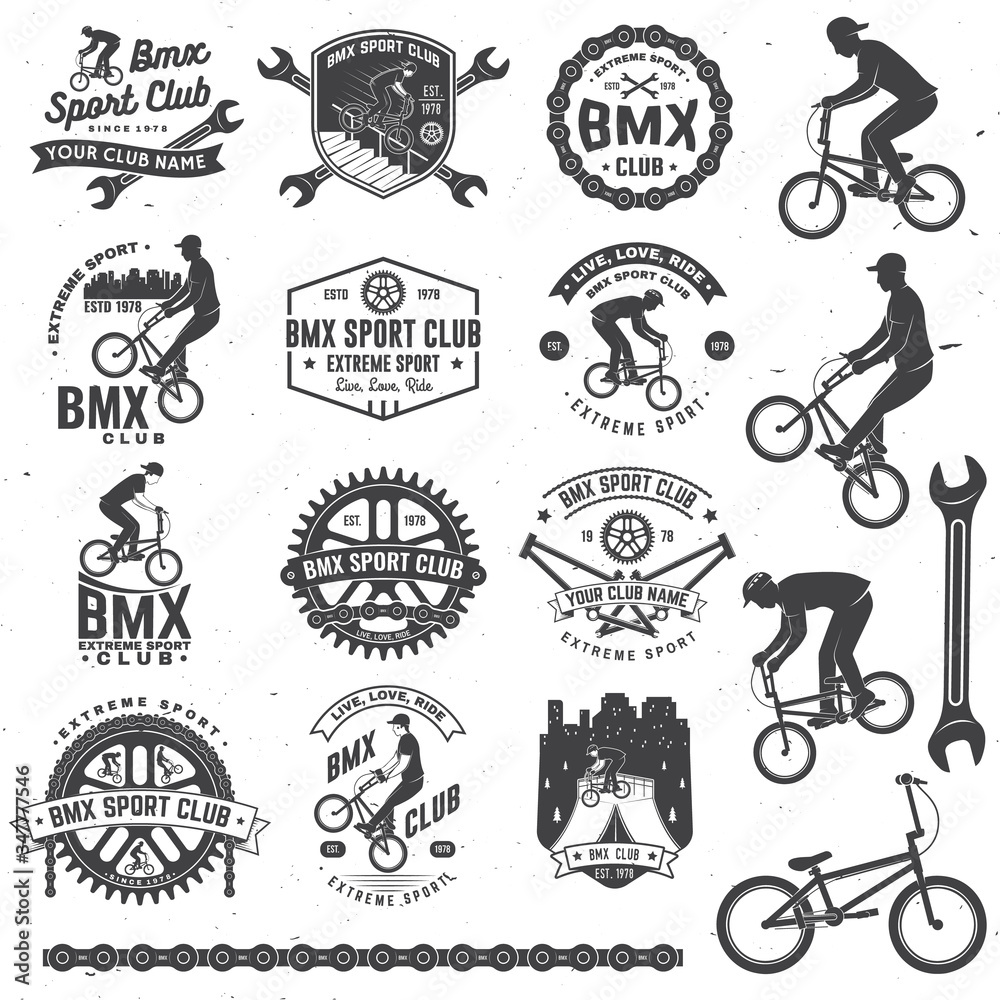 Set of bmx extreme sport club badge. Vector. Concept for shirt, logo, print, stamp, tee with man ride on a sport bicycle. Vintage typography design with bmx cyclist, bmx sprocket and chain silhouette
