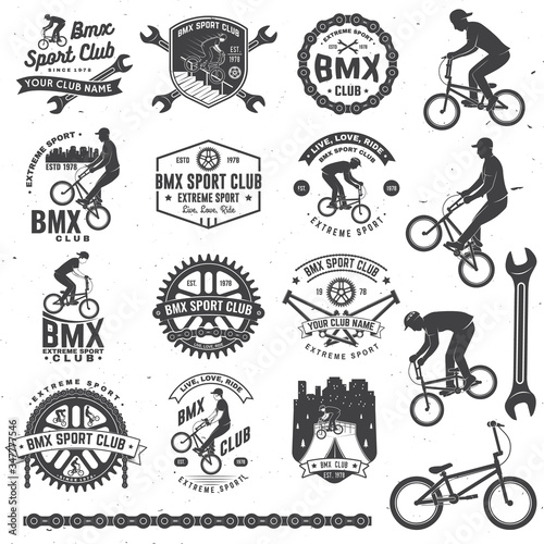 Set of bmx extreme sport club badge. Vector. Concept for shirt, logo, print, stamp, tee with man ride on a sport bicycle. Vintage typography design with bmx cyclist, bmx sprocket and chain silhouette