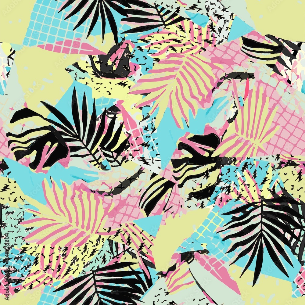 Abstract vector pattern suitable for printing children's prints on textiles, fabrics, clothes, boys, girls.Geometric pattern with tropical leaves monstera retro style. Jungle ornament. Memphis. Abstract vector pattern suitable for printing children's prints on textiles, fabrics, clothes, boys, girls.Geometric pattern with tropical leaves monstera retro style. Jungle ornament. Memphis.