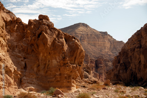 Red canyon  Israel - December  2019. Desert landscape near Eilat with rocks in the afternoon.