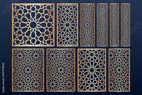 Laser cut panel template set with islamic alhambra pattern. May be used for paper, metal, wood cutting. Arabic stencil pattern. Traditional islamic ornament. photo