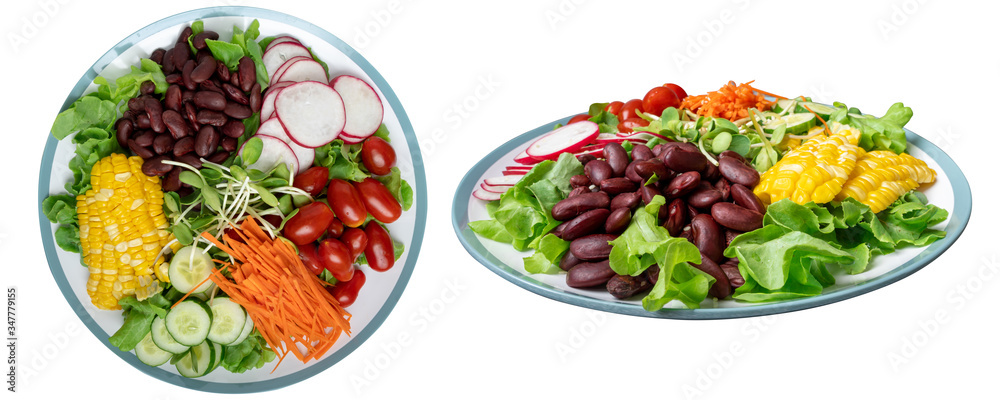 bowl of salad with vegetables ,fresh green oak salad, tomatoes, corn, Red beans, Carrot , red radish, olive oil and cucumber on white marble table. Top view.isolated on white background. Clipping Path
