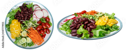 bowl of salad with vegetables  fresh green oak salad  tomatoes  corn  Red beans  Carrot   red radish  olive oil and cucumber on white marble table. Top view.isolated on white background. Clipping Path