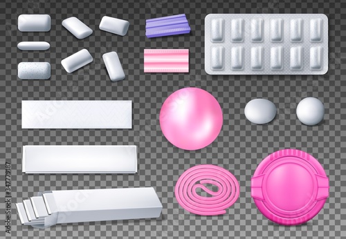 Chewing gum package vector mockups. Realistic bubblegum bubble, blister pack of mint or menthol pads, sticks and ribbon gum, coated dragee, pillows, pellets, tabs, plastic box and foil wrapping paper