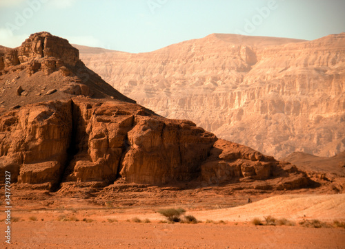 Timna park, Israel - December, 2019. Desert landscape near Eilat with rock on a sunny cloudless day in the afternoon.