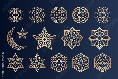 Laser cutting elements with islamic alhambra pattern. May be used for paper, metal, plywood, wood cutting. Arabic holiday decorations. Traditional islamic ornament.