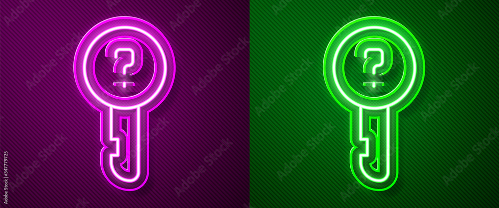 Glowing neon line Undefined key icon isolated on purple and green background. Vector Illustration