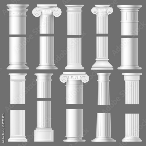 Column pillar realistic mockups of antique Roman and Greek architecture. 3d vector white marble stone Doric and Ionic columns with vertical fluted shafts, bases and ornate capitals with volutes