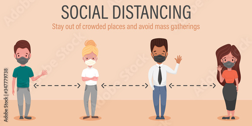 Social distancing, keep distance in public society, protect yourself and people from COVID-19 coronavirus outbreak spreading concept, black white women and men in masks. Vector flat illustration © Foxelle