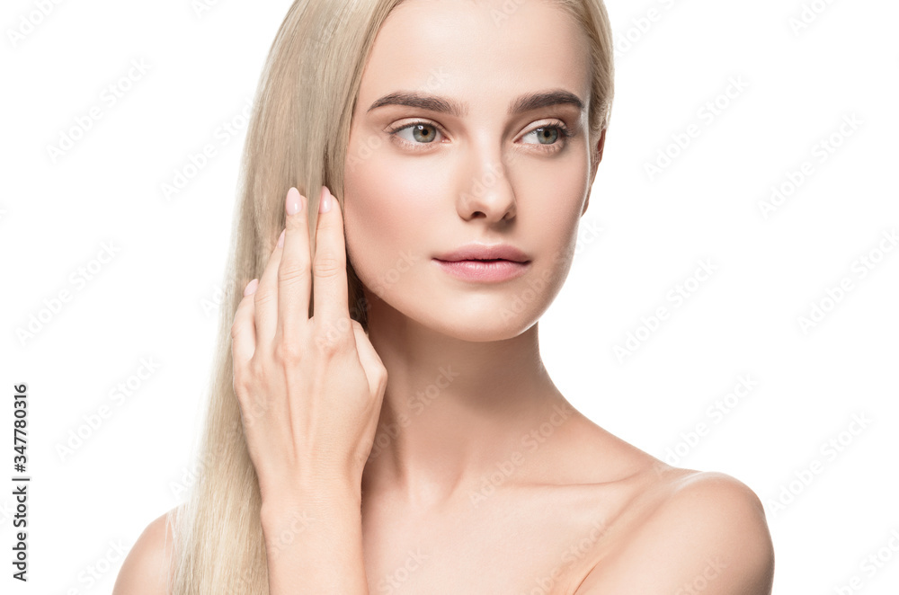 Beautiful blonde hair clean skin beauty female cosmetic model portrait
Beautiful blonde hair clean skin beauty female cosmetic model portrait