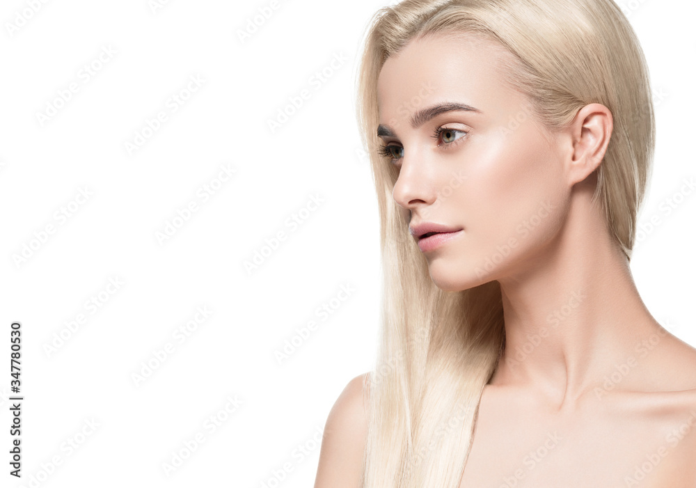 Beautiful blonde hair clean skin beauty female cosmetic model portrait
Beautiful blonde hair clean skin beauty female cosmetic model portrait
