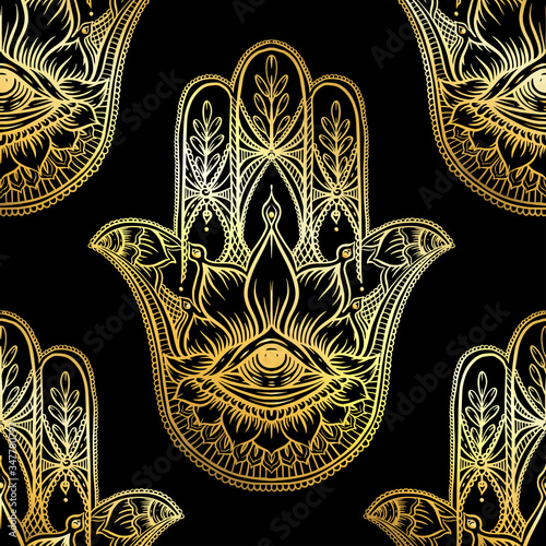 Seamless pattern with ornate hand drawn hamsa. Popular Arabic and Jewish amulet. Vector illustration. Vector illustration in gold and black.
